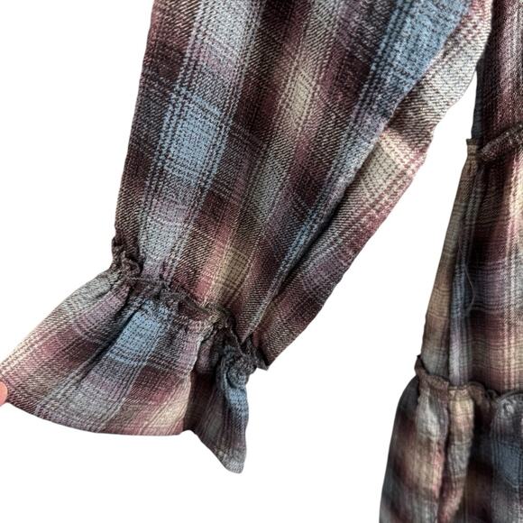 Vintage Havana Cream and Blue Plaid Button Front Long Sleeve Mini Dress - Picture 7 of 11